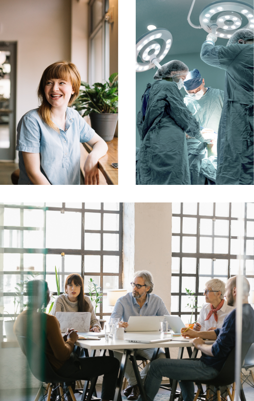 Three photos in a rectangular shape. A woman with red hair, sitting in a cafe smiling and looking at something in the distance. Doctors in an operating room with medical equipment surrounding them. A boardroom of workers with their laptops, sitting in a circle and talking to one another. They reflect our diverse practice areas within the Staffing and Recruiting industry.
